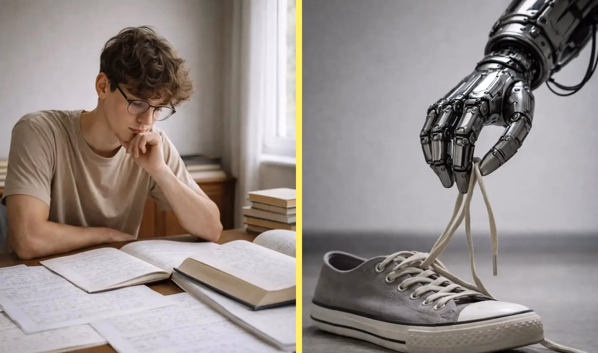 Comparaison visuelle entre un humain en difficulté face à un apprentissage abstrait et une intelligence artificielle incapable d’accomplir une tâche physique simple du quotidien.