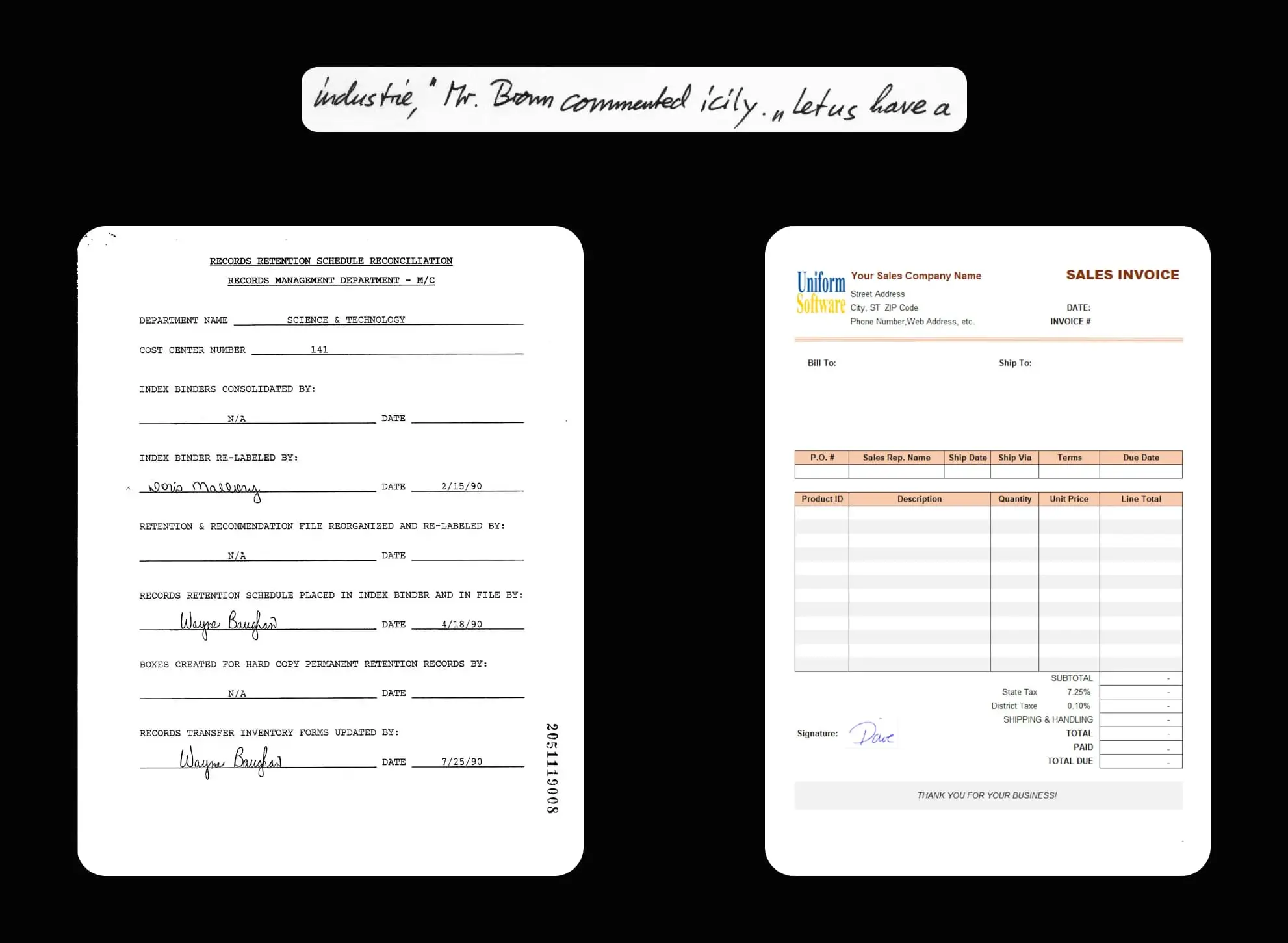 Composite image showing IAM handwritten sentence “Mr. Brown commented icily”, FUNSD form with names Dario Mallory and Wayne Baughan, and invoice with handwritten signature “Dave” used for OCR testing