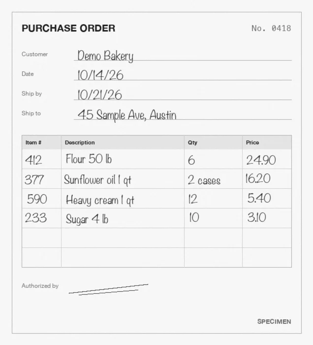 Handwritten purchase order from an order book, fictitious document