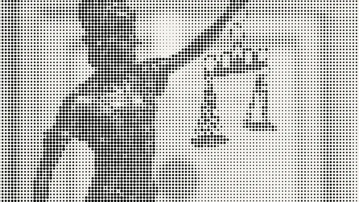 Statue of Themis holding her scales, in a pattern of large black dots on a light background.