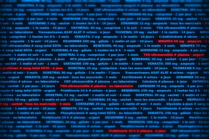 A dense stream of prescription and lab test lines in blue, a few of them in red
