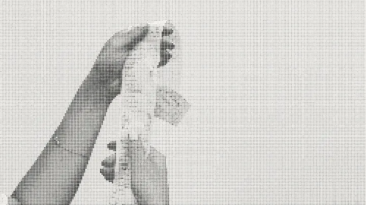 Two hands holding a long unrolled receipt, in a black halftone dot pattern on a light background.