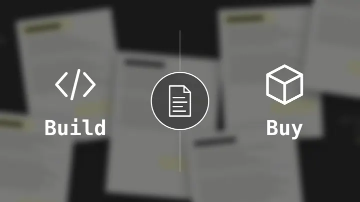 Build vs Buy comparison for document processing: a code icon for in-house development and a package icon for the off-the-shelf solution, on either side of a document.